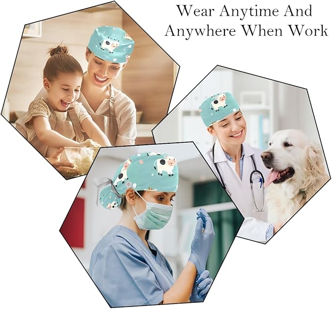 2 PCS Bouffant Cap with Button Ponytail Pouch Working Cap Sweatband Adjustable Surgical Cap Black and White Cow