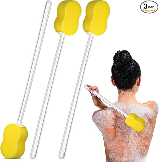 3 Pieces Long Handle Sponge 22.4'' Back Sponge on a Stick Body Brush Handled Washer Scrubber for Foot Body Limited Motion(Yellow)