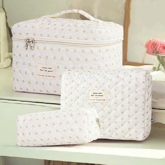 3 Pcs Quilted Makeup Bag Set,Cotton Coquette Make Up Bag,Cute Floral Makeup Bags Large Toiletry Cosmetic Bag Organizer for Women Girls (P2-3PCS)