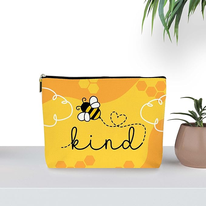 Yellow Bee Kind Inspirational Makeup Bag Cosmetic Bag for Women, Cute Yellow Accessories, Bee Themed Gifts, Ideal Return Birthday Gifts for Women. (082)