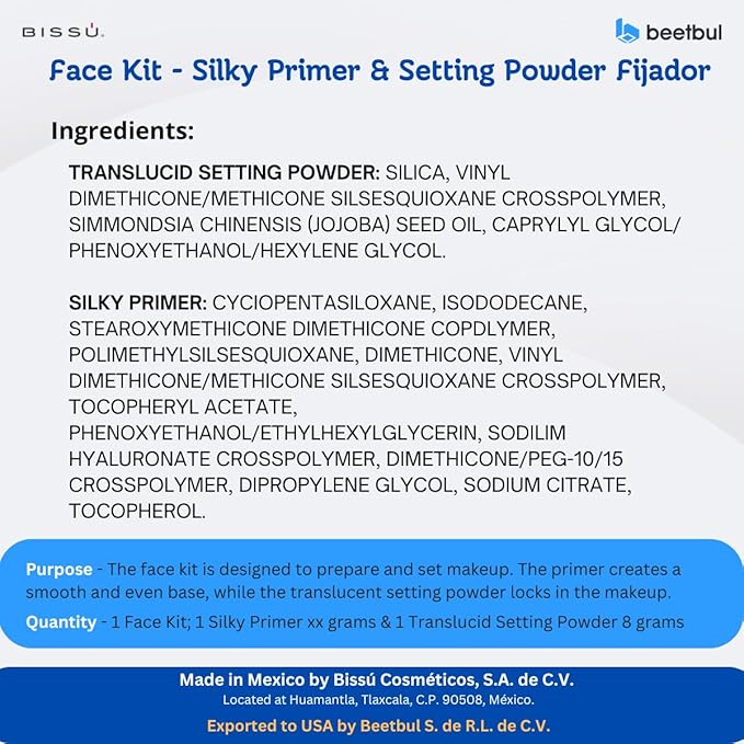 BissΓΊ Face Kit: Silky Primer (27.5 ml) & Setting Powder (8g) - Oil-Free, Fragrance-Free, with Hyaluronic Acid & Jojoba Oil for a Matte Finish