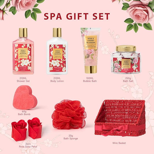 Bath and Body Gift Basket Set for Mothers Day - 9 Pcs Luxury Rose Spa Gift Basket Set for Women, Gift with Bath Bomb | Perfect Valentine's, Birthday, Christmas Gifts for Her, Gift for Mom All Occasion