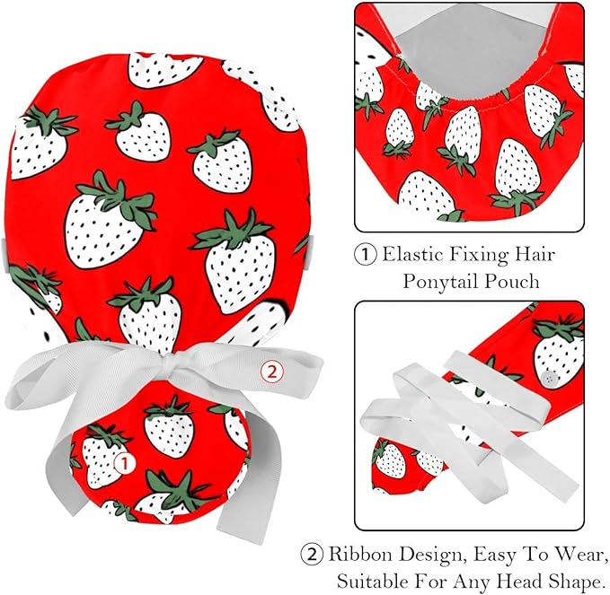 2 PCS Bouffant Cap with Button Ponytail Pouch Working Cap Sweatband Adjustable Surgical Cap Black and White Cow