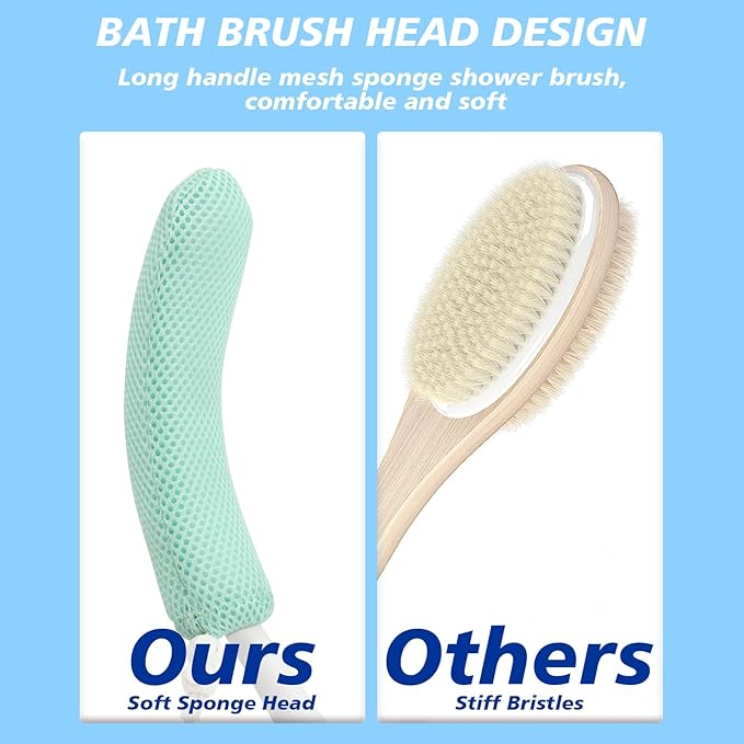 Shower Brush with Long Handle,15.35" Back Brush,Long Back Scrubber for Men Women,Long Handled Sponge Body Exfoliator, Loofah Back Scrubber for Aid Bathing