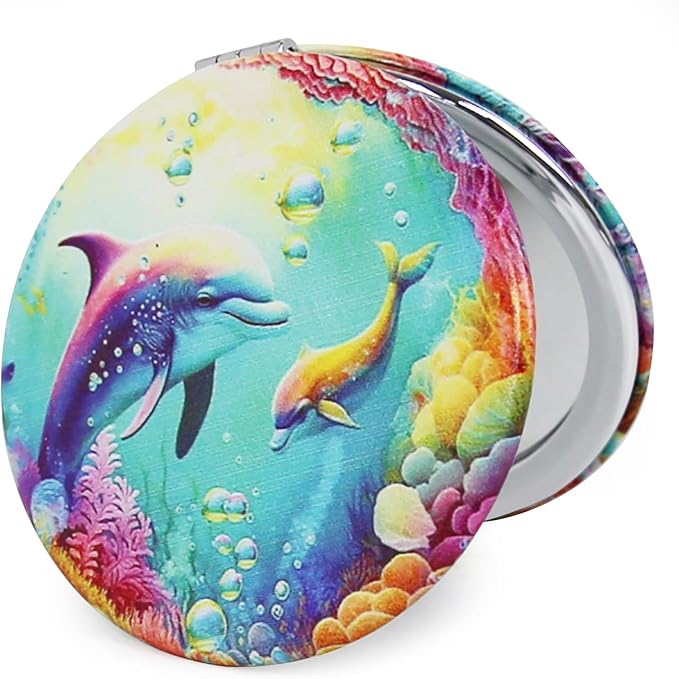 Cheap Small Compact Mirror, Round 2.8” Metal Frame PU MarineAnimal Style Double Sided Mini Magnifying 1X/3X Mirror for Purse Compact Travel Mirror (MarineAnimal01)