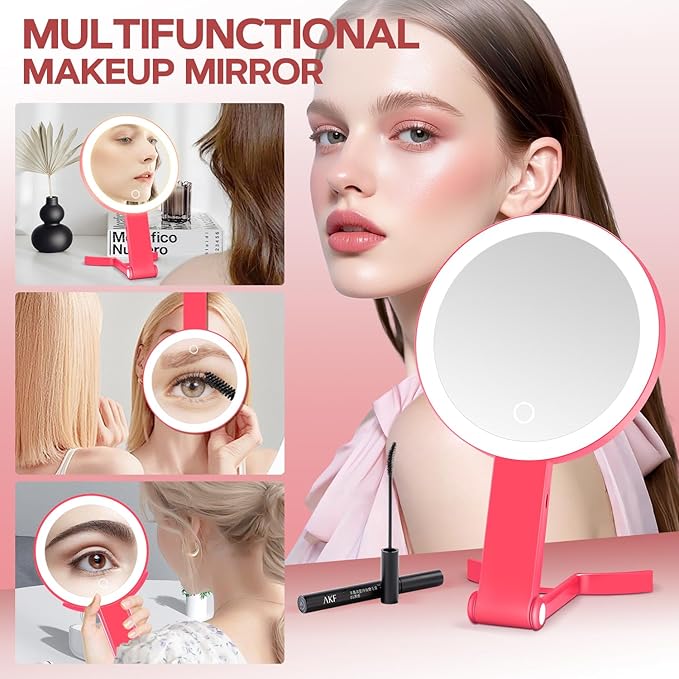 MIYADIVA Lighted Makeup Mirror, 30X Magnifying Mirror with Light, Hanging and Handheld Mirror with Handle, Red