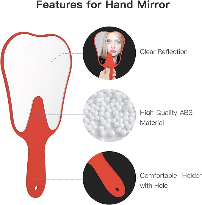 Annhua Dental Hand Mirror Small Handheld Mirrors with Handle Red, Tooth Shaped Mirror Hand Held Makeup Face Mirror for Salon|Dentist Clinic|Barber|Hairdressing