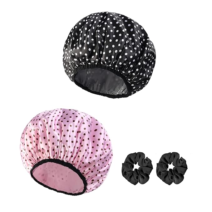 2-Pack Reusable Waterproof Shower Caps for Women, Double-Layer Elastic Bath hat,Extra Large Hair Cap for Long Curly HairοΌBlack, PinkοΌ