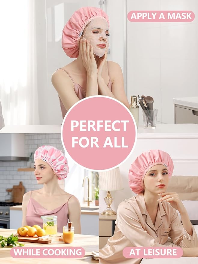 Years Calm Shower Caps For Women Reusable Waterproof,Pattern And Solid Color Dual-Layer Design For Dual-Layer Usable,Protects Hair In Shower, Spa, Cooking, Clean & Travel (Pink, Extra Large)