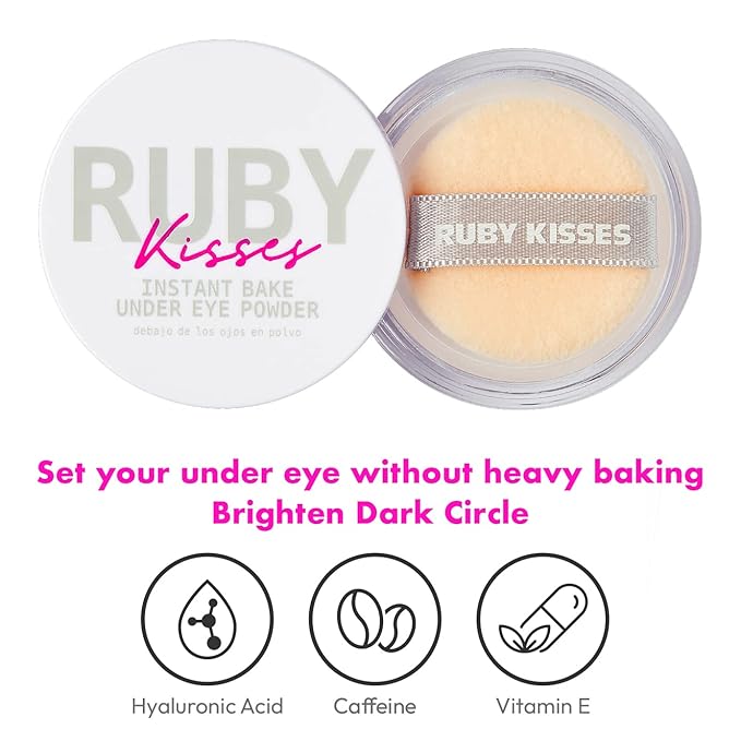 Ruby Kisses Instant Bake Undereye Powder - Vegan, Cruelty Free Powder for Brightening Eyes and Smudge-Free Makeup (Translucent)