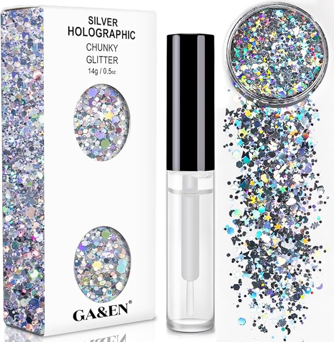 Silver Holographic Chunky Glitter Cosmetic Body Hair Face Eye Nail for Festival Carnival Concert Party Beauty Rave Accessories Different Sizes&Shapes 2 Pots 14g/0.5oz+ Quick Dry Primer Glue Gel