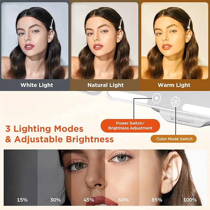 Travel Makeup Mirror, Rechargeable 1X/3X/5X Magnifying Trifold Makeup Mirror with Lights, 3 Color Lights, Touch Control Lighted Vanity Compact Mirror with Foldable Stand, White