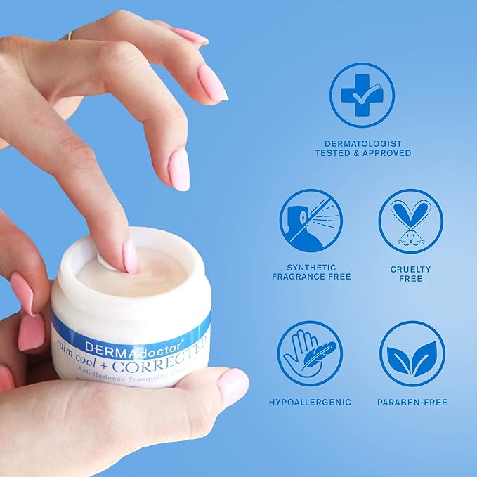 DERMAdoctor Redness & Itchy Skin Relief Calm Cool + Corrected Tranquility Cream for Sensitive Skin | moisturizing face cream Hydration with Squalane & Hyaluronic Acid White Tea Extract β 1.7oz