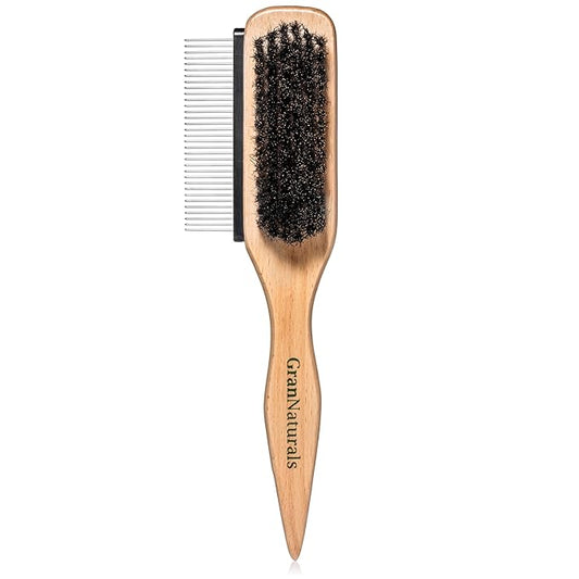 GranNaturals Boar Bristle Slick Back Hair Brush w/Comb for Smoothing Sleek Ponytail Bun - Wide Rat Tail & Metal Comb Hairbrush for Parting, Teasing, Backcombing, Sectioning, Edge Control, Flyaways