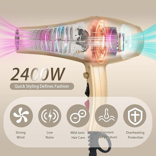 Ionic Hair Dryer,2400W Negative Ion Low Noise Hair Dryer Professional Fast Drying Hair Dryer with 2 Speeds, 3 Heat Settings, Cooling Button,with Diffuser for Curly and Straight Hair(Champagne Gold)