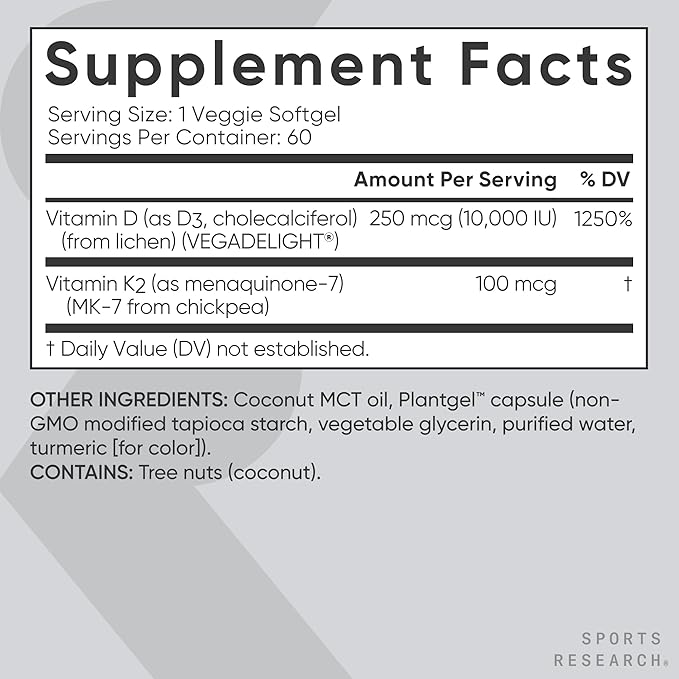 Sports Researchยฎ Vegan D3 10,000iu with Vitamin K2 100mg - Formulated with Coconut MCT Oil - Vegan Certified, Soy & Gluten Free - 60 Softgels