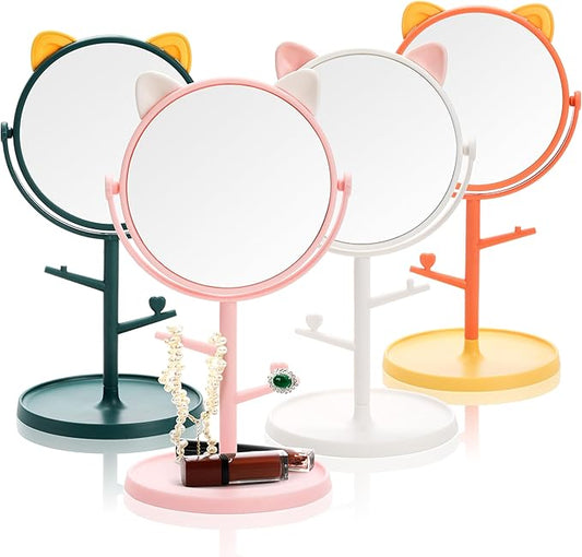 4 Pack Cute Desk Mirrors, Rotatable Makeup Mirror in Cat Ears, 6 Inch Vanity Mirror with Storage Tray, High Definition Cosmetic Mirrors, Tabletop Dresser Mirror with Stand for Bedroom Spa Party