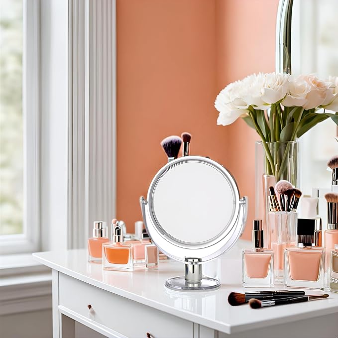 BNYD Vanity Makeup Mirror with Stand – Double Sided 1X/2X Magnification, 360° Swivel Desk Mirror, Portable Tabletop Magnifying Mirror for Bathroom, Bedroom, or Travel