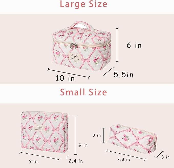 uekeboag Large Travel Quilted Makeup Bag for Women, Floral Cotton Cosmetic Bag, Coquette Aesthetic Floral Toiletry Organizer Bag