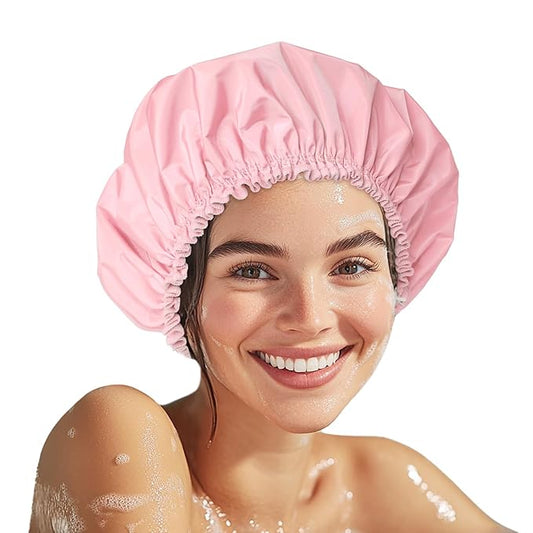 Shower Cap for Women Set of 4, 1 Double-Layer Waterproof Bath Cap + 3 Single-Layer Waterproof Shower Caps β Reusable Hair Protector, TPU Coated Elastic Bathing Cap for Women & Men - Pink