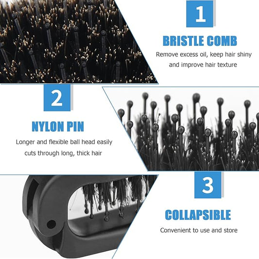 Ancable 2Pcs Travel Folding Hair Brush, Collapsable Portable Pocket Boar Bristle for Thin/Thick Hair, Mini Hairbrush for Men Women Kids, Wet/Dry Hair, Restore Shine, Black