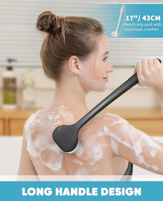Back Scrubber for Shower with 17" Long Handle, Non-Slip Grip Shower Brush, Moderate Bristles Body Brush for Gentle Exfoliation, Back Brush for Shower Men & Women β Black