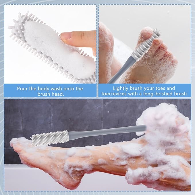 2 Pcs Toe Gap Cleaning Brush Long Handle, Toe Scrubber, Foot Cleaner for Shower, 15 in Silicone Toe Brush with Long Handle for Seniors Elderly Men and Women (Grey)