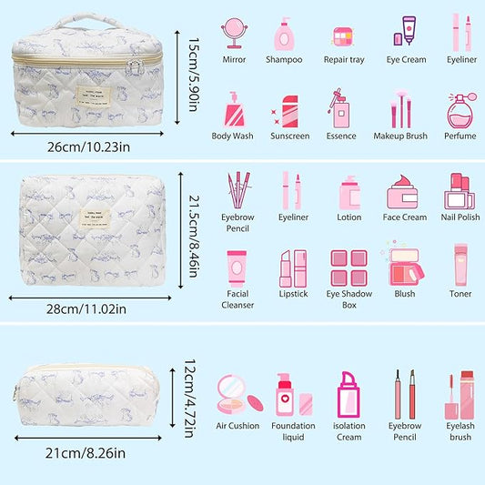 3 Piece Blue Quilted Makeup Bag, Large Capacity Travel Cosmetic Bag for Women and Girls, Aesthetic Storage for Daily and Travel Use (3pcs-BlueCatAnimal)