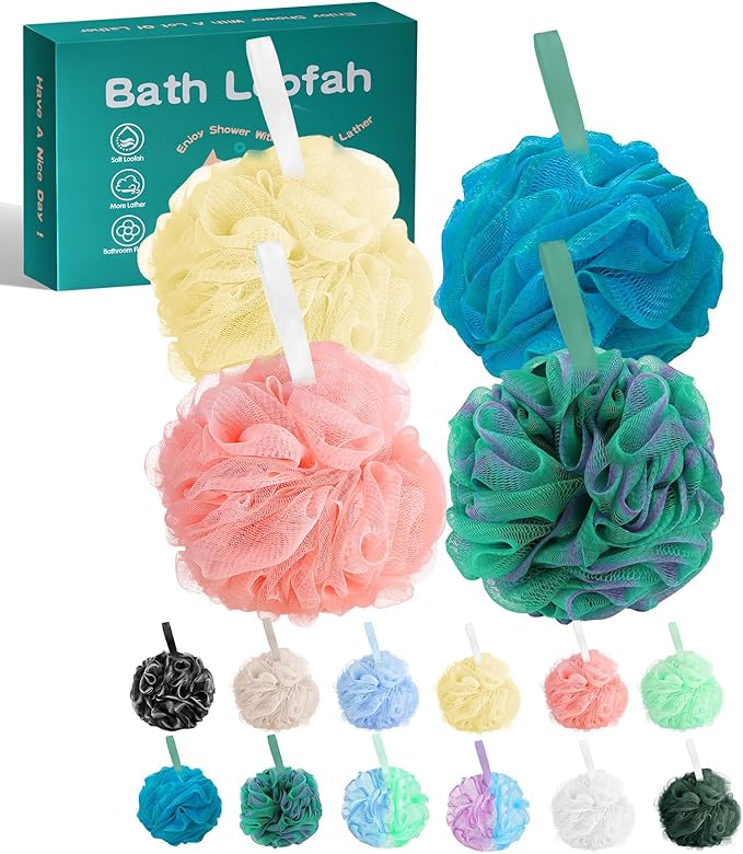 Amazerbst 4 Pack Bath Sponges Mesh Balls Shower Loofahs Wash Back Body Cleaning Scrubber Exfoliator Loofah Sponge Bathing Accessories Women Men