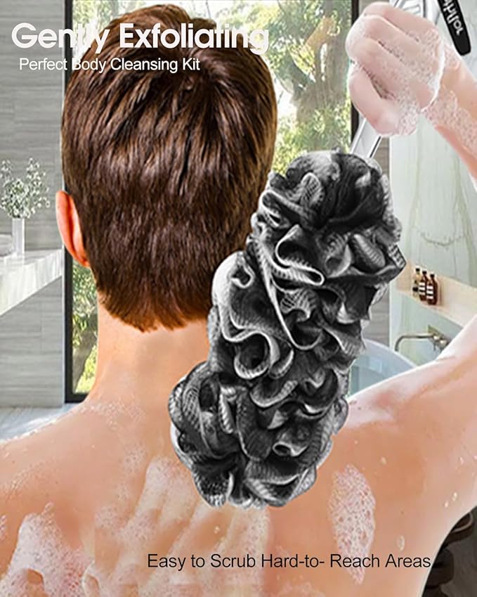 Loofah Sponge Exfoliating Body Scrubber,Loofahs with Handle: 2PCS Long Handle Loofa Back Scrubber, 1PCS Luffa Hook, Charcoal Loofah Pack for Women Men Bath Wash, Black