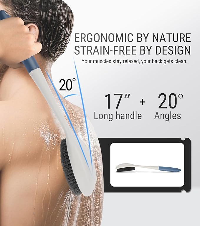 surlees Back Scrubber for Shower for Men & Women 17" | Body Brush for Wet & Dry Brushing | Exfoliating Body Scrubber & Back Brush | Shower Brush with Long Handle for Cellulite & Acne