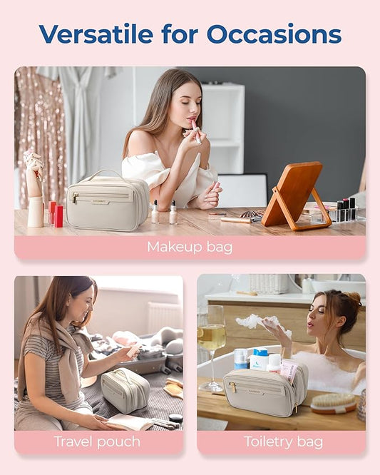 BAGSMART Travel Makeup Bag Large Capacity Cosmetic Bag, Wide-open Portable Make Up Bag Organizer for Women for Travel Essentials Travel-Size Toiletries Accessories Bottles, Brushes (Warm Gray)