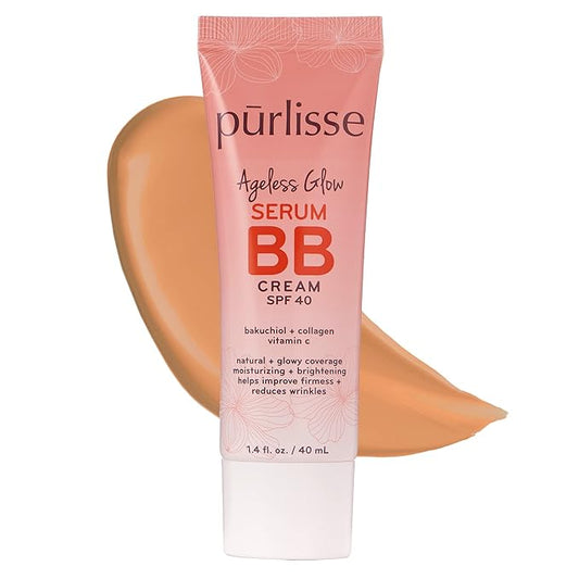 pūrlisse Ageless Glow Serum BB Cream SPF 40 - Glow BB Cream with SPF Enriched with Bakuchiol & Vitamin C to Help Improve Firmness & Reduce Wrinkles for Dewy Skin - Medium Tan (1.4 oz)