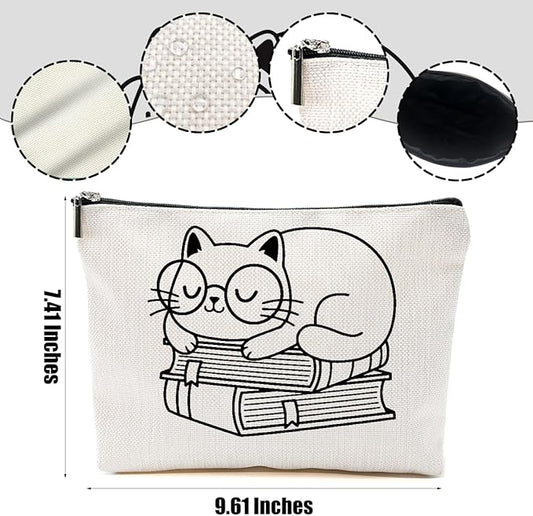 2pcs Cute Cat Themed Gifts for Women Makeup Bag, Book Lovers Cosmetic Bag Christmas Birthday Gifts for Women Female Girls Sister BFF, Cat and Book Travel Toiletry Bags