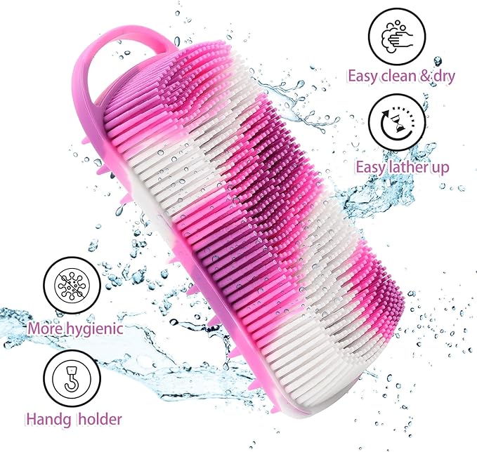 2 Pack Silicone Exfoliating Body Scrubber, 2 in 1 Body Brush & Hair Scalp Brush for Shower and Bath, Soft Silicone Loofah, Easy to Clean with Optimal Lathering (Black, Purple)