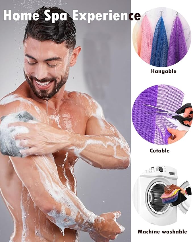 4 Pieces African Exfoliating Net Sponge, 33 inch Long Bathing Sponge Shower Body Scrubber Net for Back Skin Smoother, Daily Use (Black/Blue/Brown/Beige)