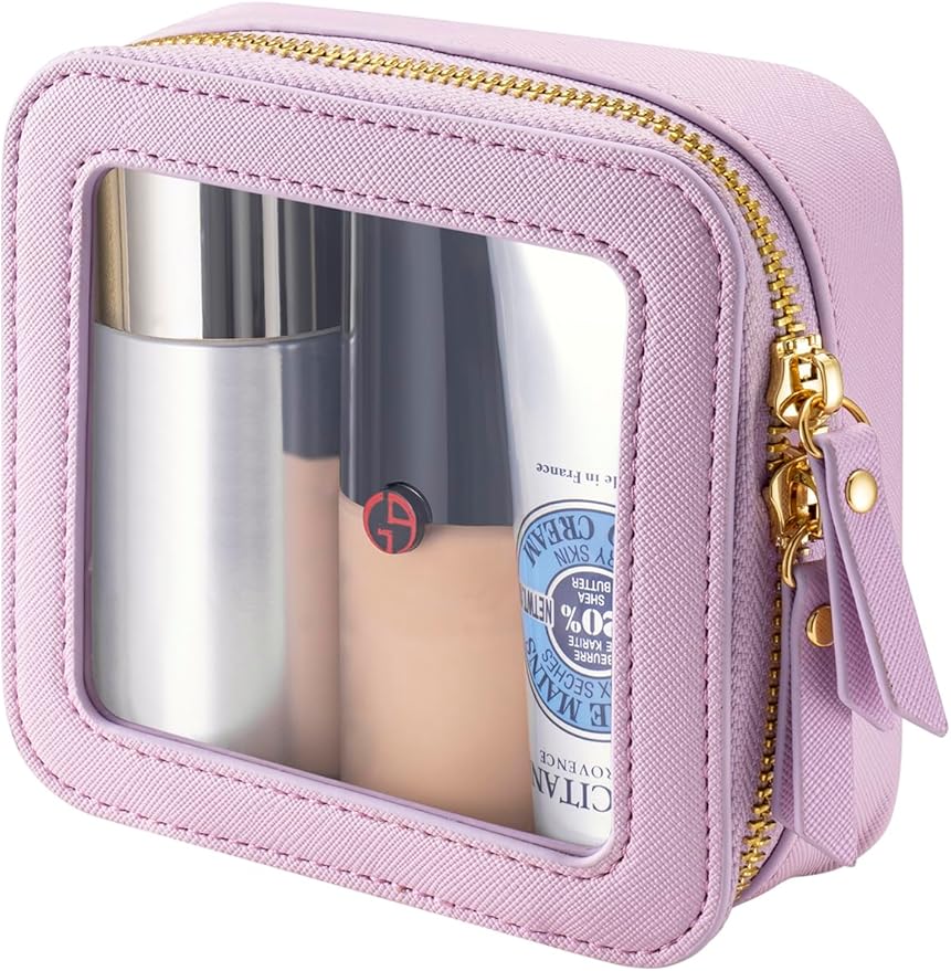 Mini Makeup Bag for Purse - Clear Travel Leather Toiletry Bag with Zipper - Car Organizer Bag - Small Waterproof Cosmetic Organizer Case for On-the-Go EssentialsοΌPink PurpleοΌ