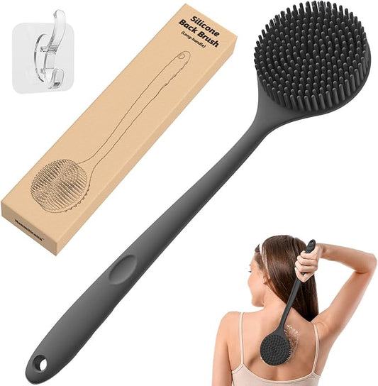 Manmihealth Silicone Back Scrubber for Shower(Thick Bristles), Body Scrubber with 15'' Long Handle, Light & Easy-to-Hold Shower Brush for Skin Exfoliating and Massaging, Not Good in Lathering.(Black)