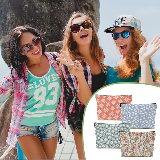 4pcs Vintage Floral Makeup Bag, Daisy Flower Cosmetic Bag Garden Gifts for Women Female Girls Sister BFF Nature Lover, Travel Zipper Pouch Christmas Thanksgiving Birthday Gifts