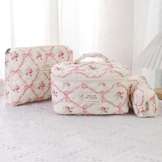 3 Pcs Quilted Makeup Bag Set,Coquette Bow Make up Bag,Cute Floral Makeup Bags Large Toiletry Cosmetic Bag Organizer for Women Girls (H-3PCS)