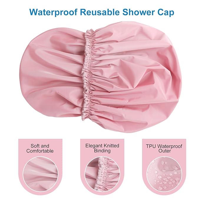 Shower Cap for Women Set of 4, 1 Double-Layer Waterproof Bath Cap + 3 Single-Layer Waterproof Shower Caps β Reusable Hair Protector, TPU Coated Elastic Bathing Cap for Women & Men - Pink