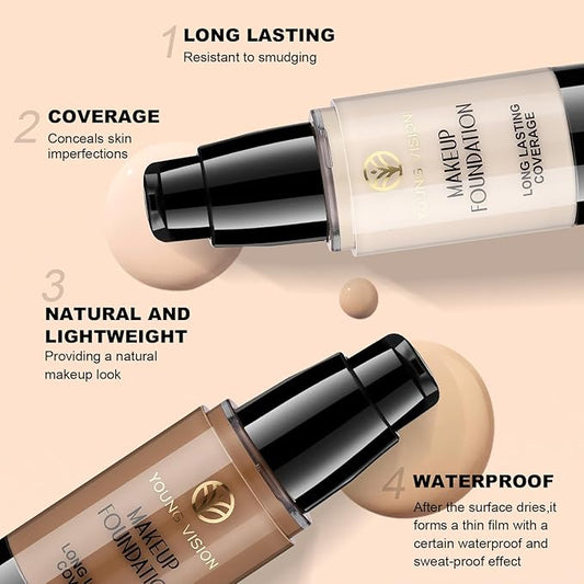 YOUNG VISION Full Coverage Liquid Foundation and Concealer Duo β Long-Wear, Lightweight, Non-Comedogenic, Hydrating, Oil-Free, Waterproof, Skin-Like Finish for All Skin Types