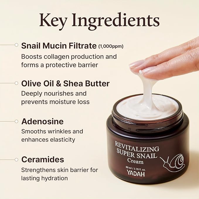 YADAH Revitalizing Super Snail Cream 2.7fl oz β Lightweight Moisturizer with Snail Mucin, Adenosine & Shea Butter for Hydration, Skin Texture & Nourished Look