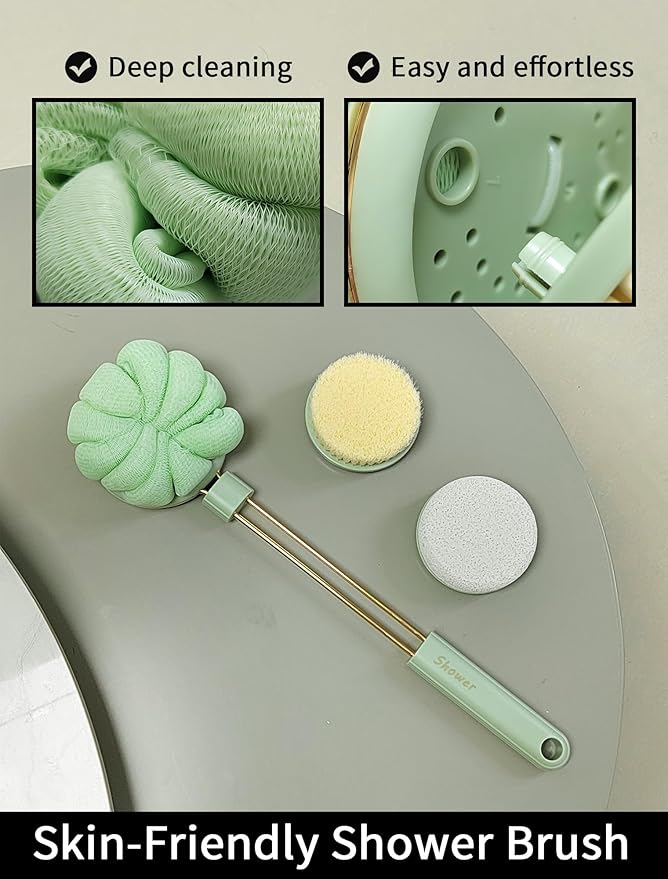 3-in-1 Back Scrubber for Shower Soft Bath Brush Long Handle for Skin Exfoliating Double-Sided Bath Loofah Exfoliating Massage Bristles Suitable for Wet, Women & Men(Green) (RH660-GREEN)