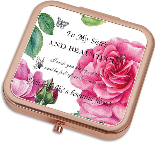 Small Compact Mirror, Rosegold Square 2.8”×2.8” DropRubber Style Double Sided Mini Magnifying 1X/2X Mirror for Purse Can be Used as Gifts for Woman (Sister01)