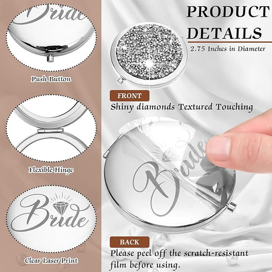 Barydat 10 Pieces Bridesmaid Gifts Set Magnifying Compact Mirror Bride I Do Crew Bridesmaid Proposal Gifts Travel Small Mirror for Purse Makeup Pocket Mirror for Women Wedding Party (Silver)