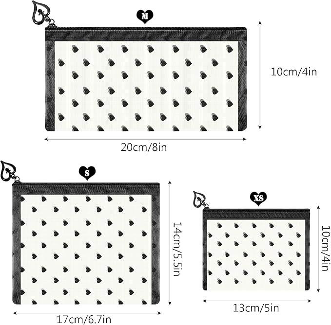 6 Pack Mini Zipper Mesh Makeup Bags, Heart Print Nylon Cosmetic Bags Toiletry Bags for Office Travel Organization (Beige, XS)