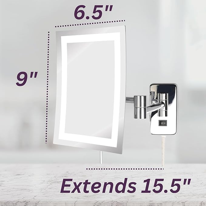 JERDON Wall Mount Makeup Mirror with 5X Magnification - 8.75” x 6.5” Rectangular Design Extends 15.5” from The Wall – Chrome Finish – Power Cord and Plug – Model JRT710CL