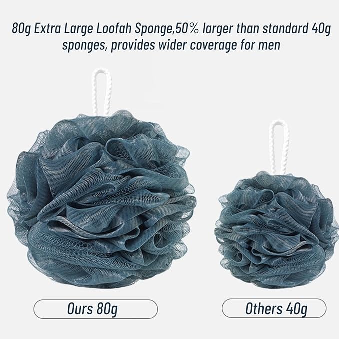 6-Pack 80g Shower Loofah for Men – Extra-Large Body Sponge with Triple-Tied Knots, High-Density Mesh, Rich Lather, Durable Exfoliating Pouf (Blue)