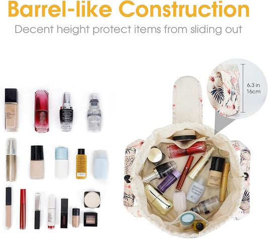 Barrel Drawstring Makeup Bag Large Floral Cosmetic Bag Make up Bags Toiletry Organizer for Women and Girls (Beige Flamingo) (Patent)